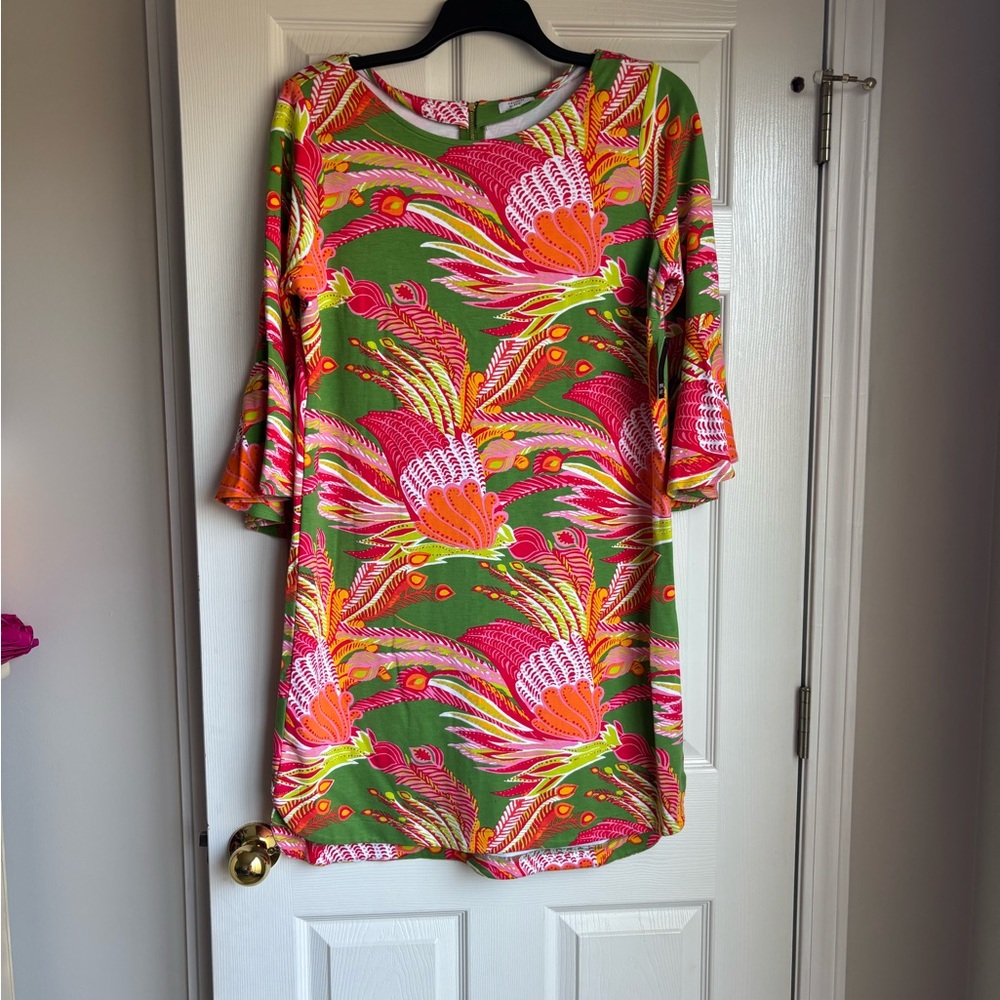 crown & ivy Green Floral Print Mini Dress with Pink & Orange Accents